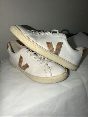 Veja Women's White Leather Sneakers with Rose Gold V Detail